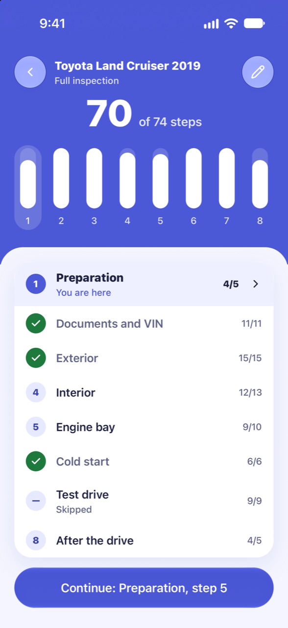 Eight stages: CarCheckup screen